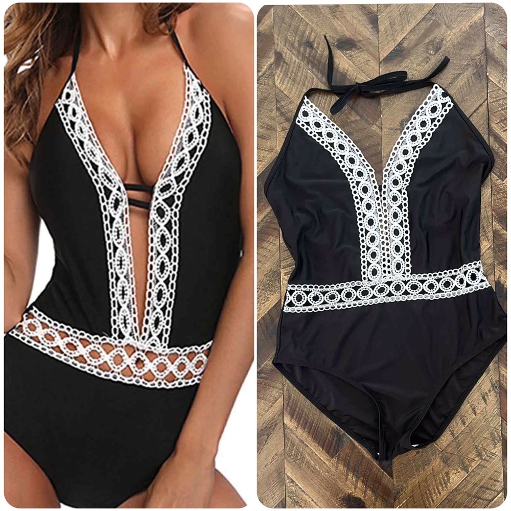 One Piece Lace Trim Swimsuit